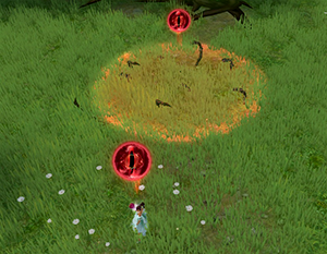 A player being chased by the red root circle of the 'Pursuit' curse, with the 'Entangling Vine' debuff stacking in the status bar.