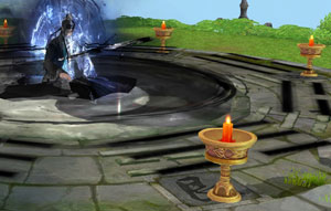 A glowing yin-yang symbol at the platform edge with a player standing inside it, gaining the shield and the damage-vs-monsters blessing.