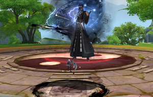 Possessed Luo hovering above the Yin/Yang split circle while four yin-yang symbols glow on one half of the platform.